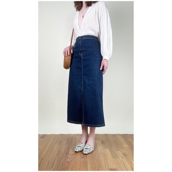 Vintage Denim Jean Midi Maxi Skirt Euro Girl French Parisian Column Straight Cut - Picture 2 of 7